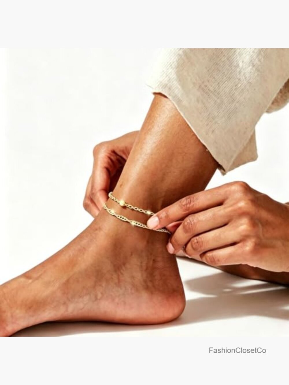 925 Sterling Silver 14K Gold Dainty Layered Anklets Set - Picture 5 of 7